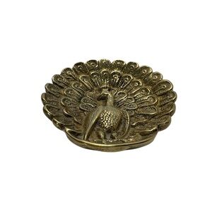Brass Peacock Trinket Dish Scalloped Edge Embossed Raised 3D Feather Plume VTG
